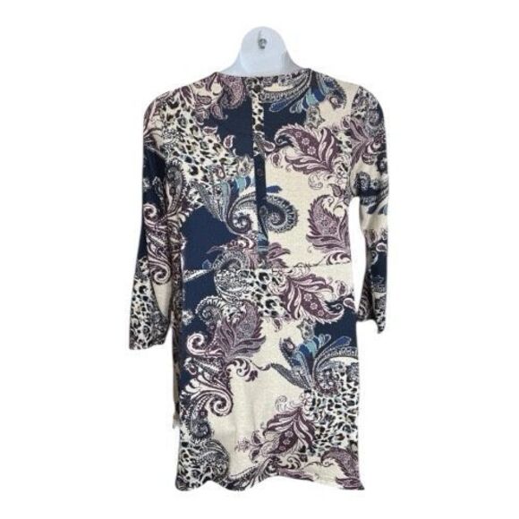 Chico’s Long Sleeve Top Tunic Size 2 (Large) Purple Paisley Print Side Pockets - Picture 6 of 12
